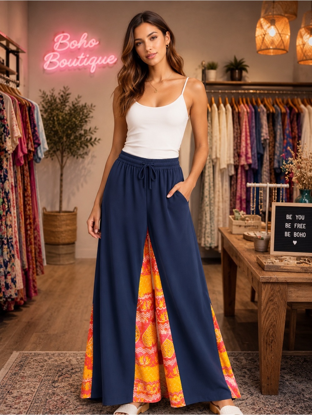 Boho Wide-Leg Navy Palazzo Pants with Colorblock Inset size M